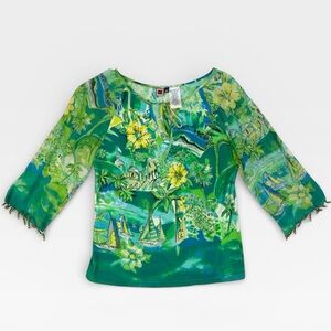 Forbidden Long Sheer Beaded Sleeve Vibrant Green Blouse MEDIUM